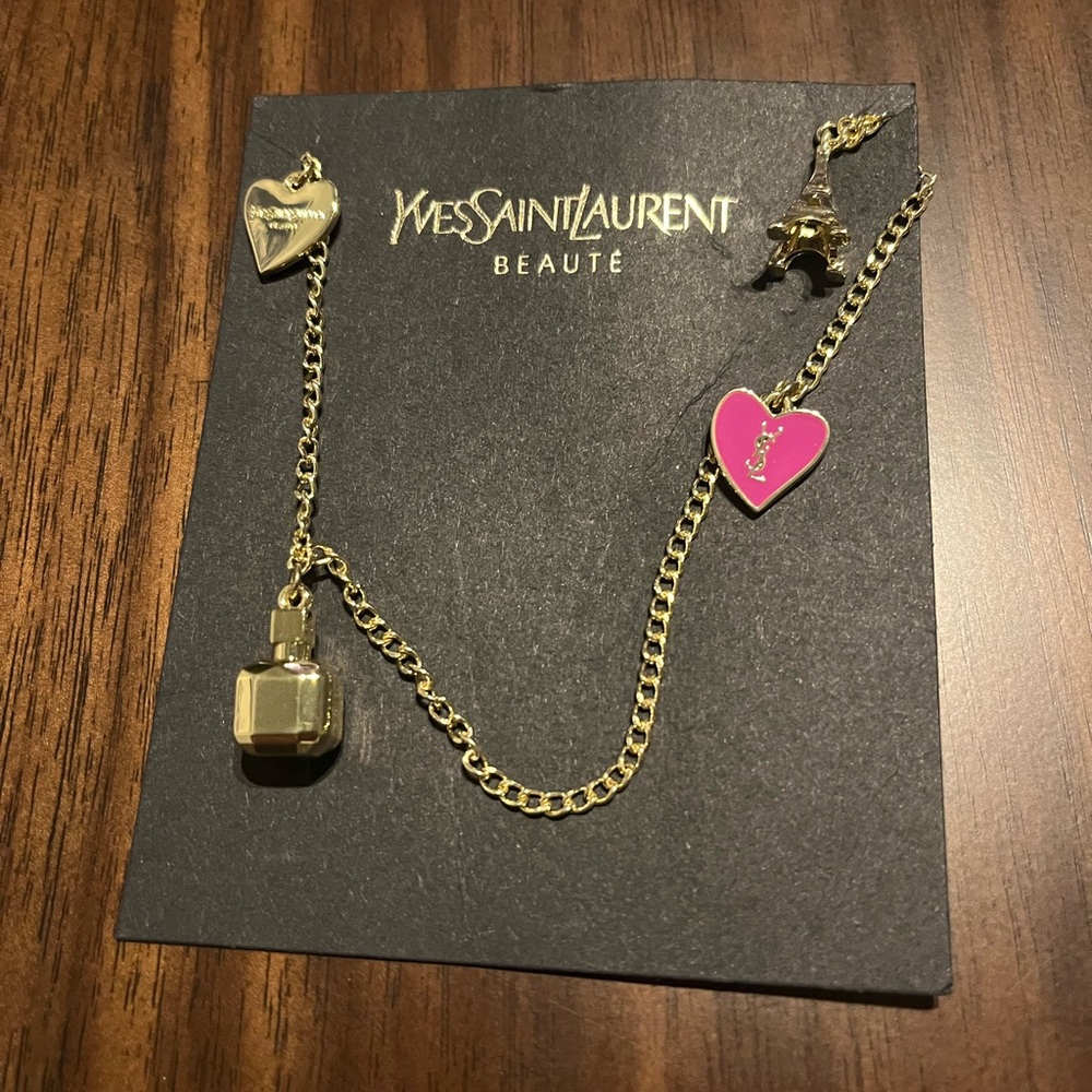 Yves Saint Laurent Gold Chain with Pink Heart and Perfume Charms